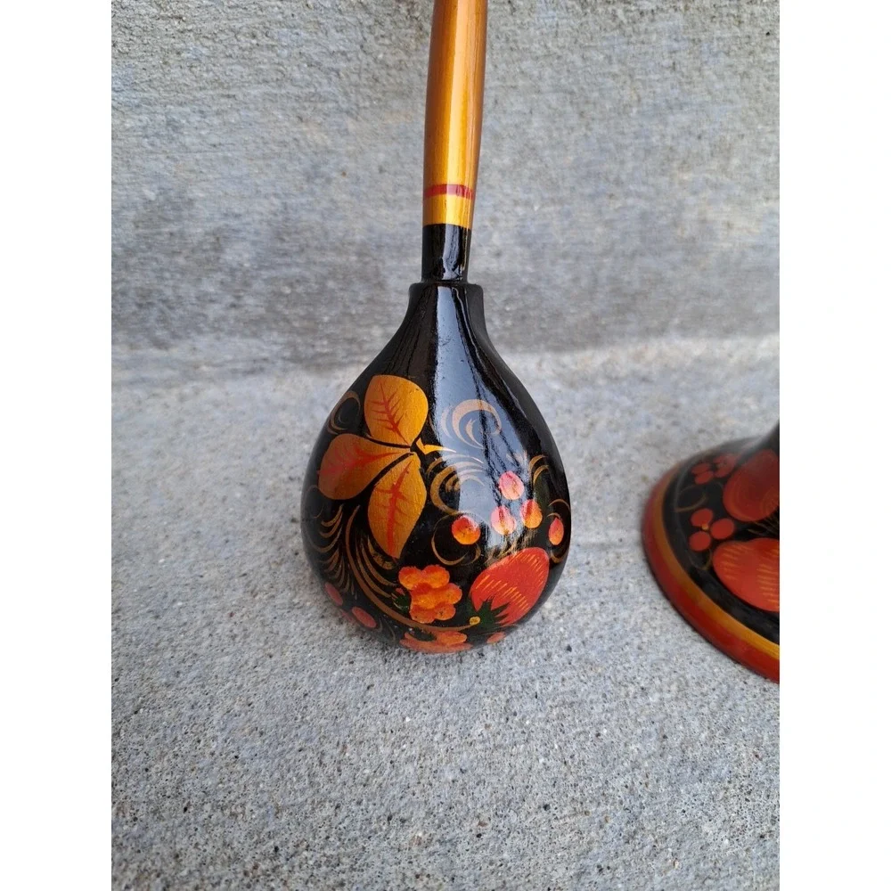 Russian Hand Painted Khokhloma Wooden Food Container Spoon Candle Holder